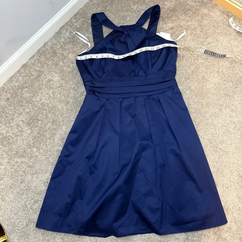 Davids Bridal Marine‎ Navy Blue Cotton Sateen Y-Neck Halter Dress 83690 Size 14